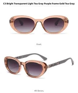 Close-up of polarized cat-eye sunglasses with gold metal chain temples and purple gradient lenses