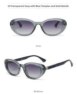 Detail view of oval sunglasses with transparent grey frame and blue chain temples