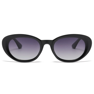 Women's oval polarized sunglasses with black frames and purple gradient lenses