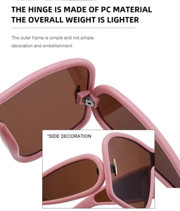 Close-up of pink PC square sunglasses featuring metal hinges and gold side trim details