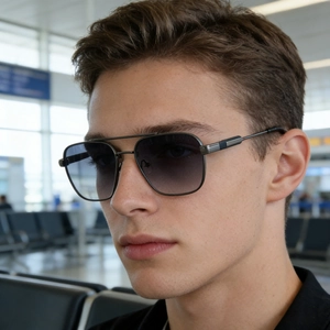 Nahaufnahme eines Mannes mit quadratischer Metall-Sonnenbrille und Verlaufsgläsern am Flughafen