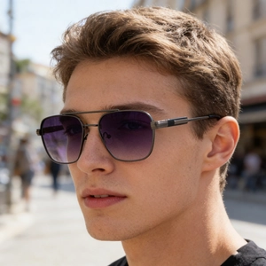Herren-Sonnenbrille mit quadratischem Metallrahmen und Gläsern mit lila Farbverlauf