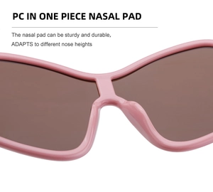 Detail of pink PC frame sunglasses with integrated nose pads for a comfortable fit