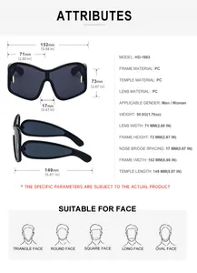 Detailed size chart for oversized fashion sunglasses showing frame width and lens height