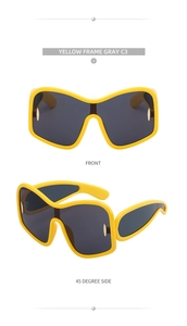 Front and 45-degree side views of yellow oversized sunglasses with gray lenses C3