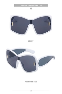 Front and side view of white oversized sunglasses with gray lenses and gold accents