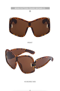 Front and side view of brown bean pattern oversized sunglasses with gold metal accents