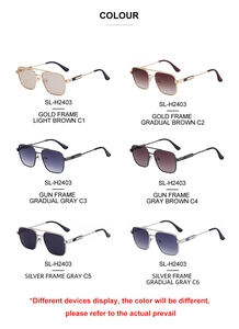 Detailansicht von sechs Farbvarianten der quadratischen Herren-Sonnenbrille mit Metallrahmen