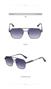 Front- und Seitenansicht einer quadratischen Herrensonnenbrille mit grauen Verlaufsgläsern
