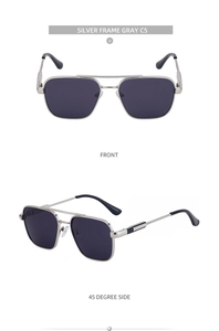 Silberne Pilotenbrille mit grauen Gläsern und Doppelsteg-Design in der Detailansicht