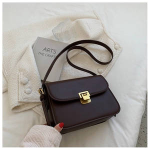 Detail of a dark brown leather crossbody bag with a gold metal clasp and matte finish