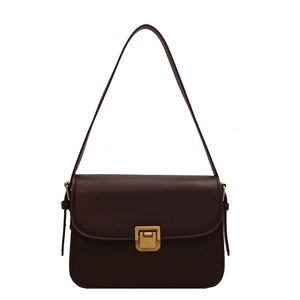 Classic dark brown leather flap crossbody bag with square gold metal buckle closure