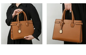 Dettaglio borsa tote in pelle marrone con borchie metalliche e scritte moda