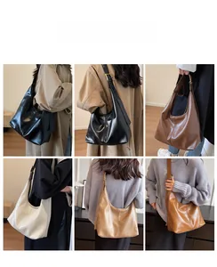 Collage de grands sacs Hobo chics en noir marron beige et kaki portés par un mannequin