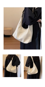 Détails en trois parties d'un sac hobo crème porté par un mannequin dans un intérieur