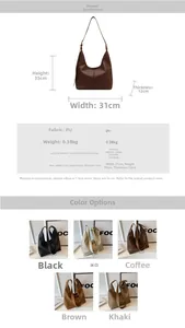 Detailed dimension guide and multi-color options for large capacity PU leather hobo bag