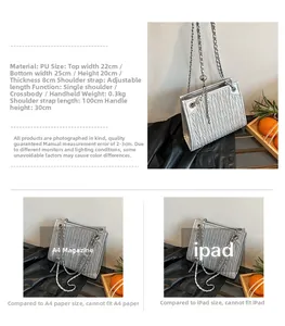 Detailed size chart and specifications for the silver quilted faux leather shoulder bag