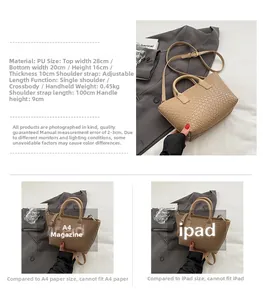 Detailed view of woven khaki tote bag dimensions and adjustable strap for versatile styling