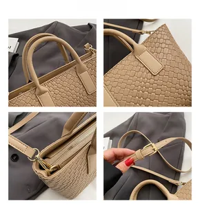Detailed views of apricot woven tote bag featuring gold hardware and leather texture
