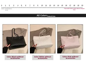 Vue détaillée des cabas matelassés noir, blanc et rose avec règle de mesure incluse