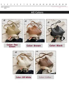 Détail de cinq sacs seaux en différentes couleurs avec une bandoulière large décorative