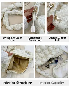 Détails du sac matelassé blanc avec fermeture éclair personnalisée et grand intérieur