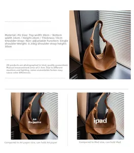 Detail view of brown PU leather bucket bag with dimensions and large A4 capacity