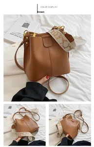 Sac seau marron en cuir PU avec détails métalliques et deux bandoulières