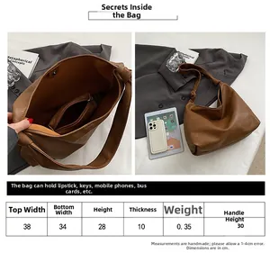 Detailed size chart and internal structure of the vintage large capacity soft PU tote bag