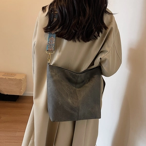 Vintage dark grey tote bag with ethnic embroidered wide strap for women crossbody wear