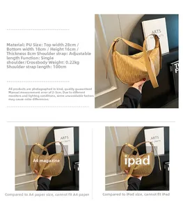 Detailed size specifications of the pleated moon bag with A4 magazine comparison