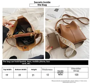 Guide des tailles du sac seau en cuir PU marron avec dimensions et deux bandoulières