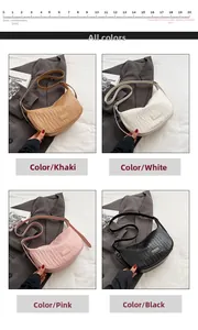 Collage of pleated half-moon bags in khaki, white, pink and black PU leather with straps