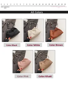 Detailed grid view of pleated bucket bags in five colors with adjustable metal ball chain