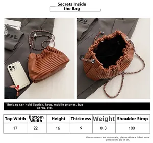 Size chart showing 22cm width pleated bucket bag with chain strap and capacity details