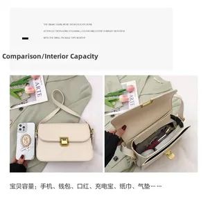 Détails de la capacité intérieure du sac à bandoulière en cuir beige pour l'essentiel