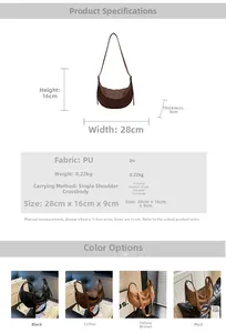 Detailed size specifications and color options for the vintage crescent dumpling bag