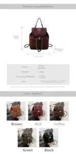 Detailed specs showing PU matte leather backpack dimensions 22x20x12cm with chain straps
