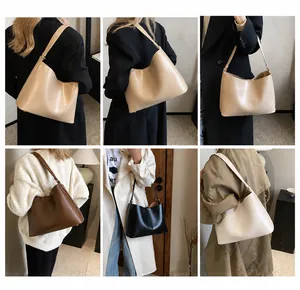 Three-color minimalist leather tote bags displayed by a model in different outfits