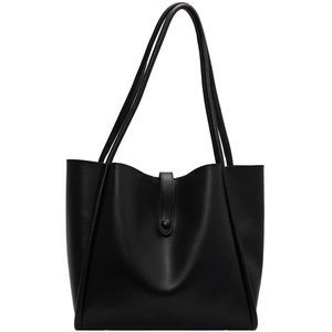 Minimalist black leather tote bag with shoulder straps and snap closure for women