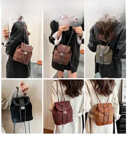 Detailed grid view showing multi-color mini backpacks with chain straps and metal twist locks