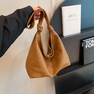 Brown vintage hobo bag with knotted strap and soft large capacity leather texture