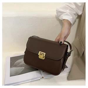 Dettaglio di una borsa a tracolla quadrata marrone scuro vintage con fibbia in metallo oro