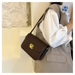 Dettaglio della borsa a tracolla vintage marrone scuro con fibbia dorata sulla spalla