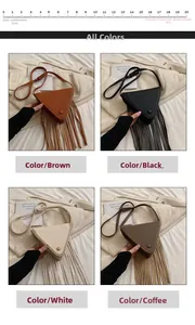 Détail de sacs triangulaires en cuir litchi marron, noir, blanc et café avec bandoulière