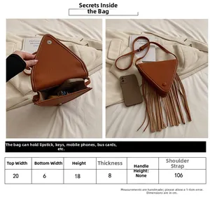 Guide des tailles du sac bandoulière triangulaire en cuir marron avec détails de mesures