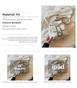 Detailed size comparison guide for white pebbled PU leather chain backpack and dimensions