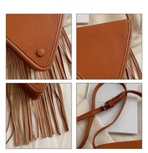 Détails du sac à bandoulière en cuir grainé marron avec franges et sangle réglable