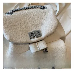 Detail shot of white textured leather bag with silver twist lock and metal chain strap
