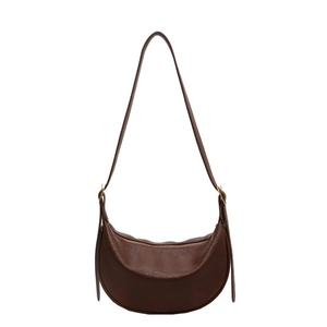 Retro dark brown crescent shoulder bag in sleek faux leather with adjustable strap
